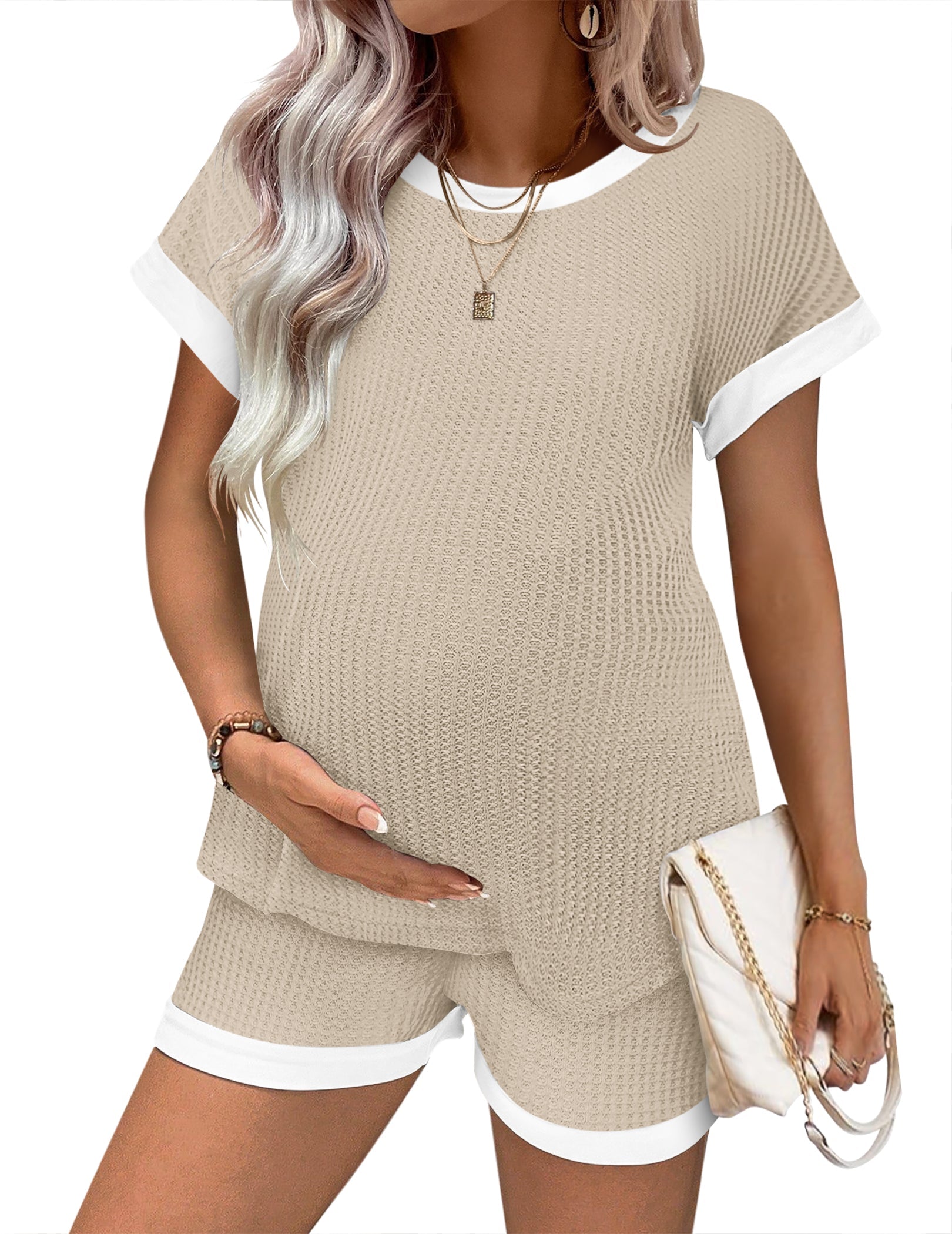 Maternity Pajamas Set Waffle Knit Short Sleeve Top & Shorts