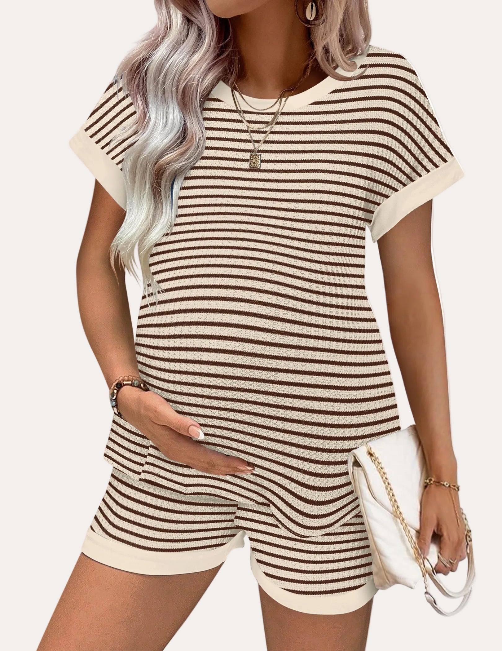 Maternity Pajamas Set Waffle Knit Short Sleeve Top & Shorts