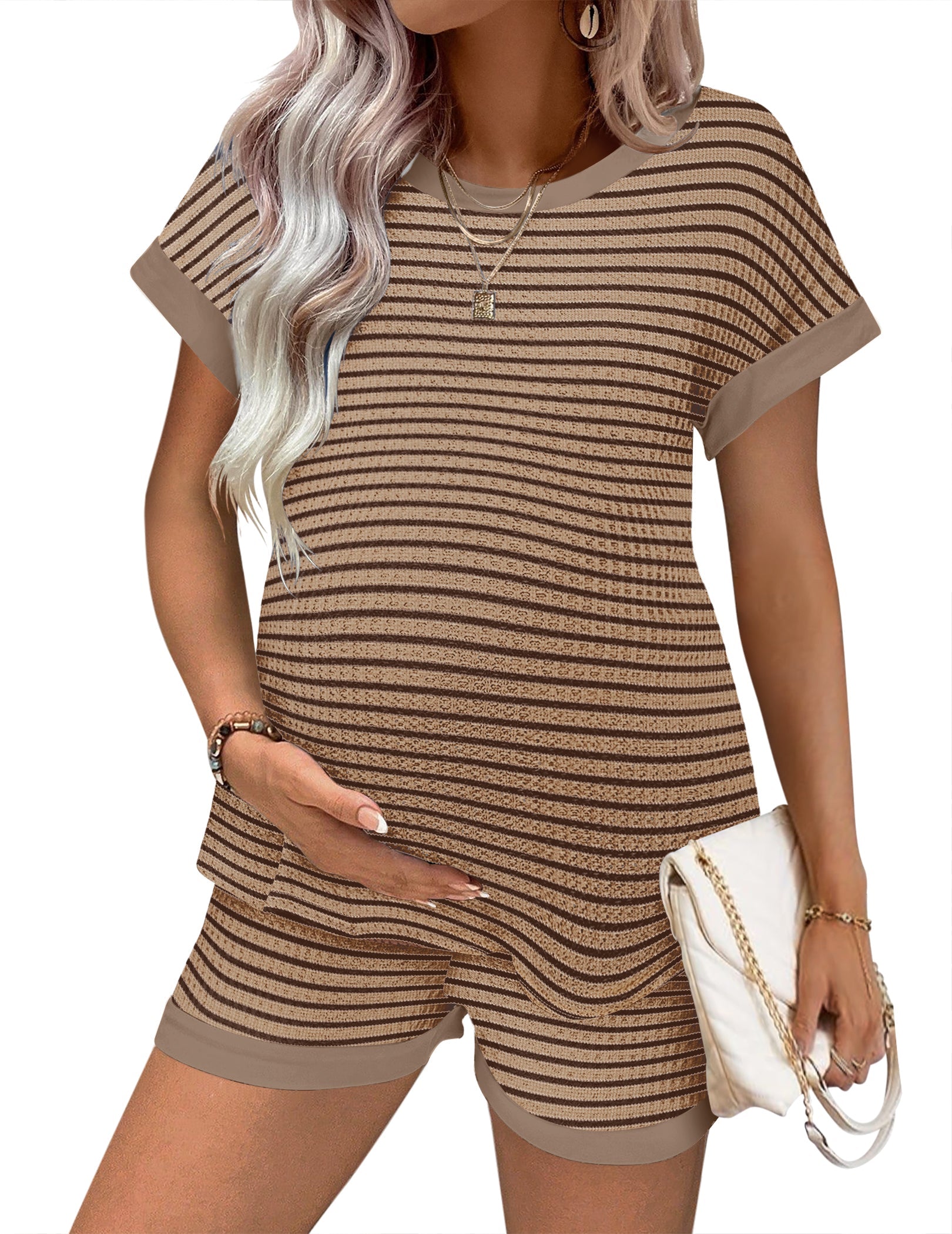 Maternity Pajamas Set Waffle Knit Short Sleeve Top & Shorts