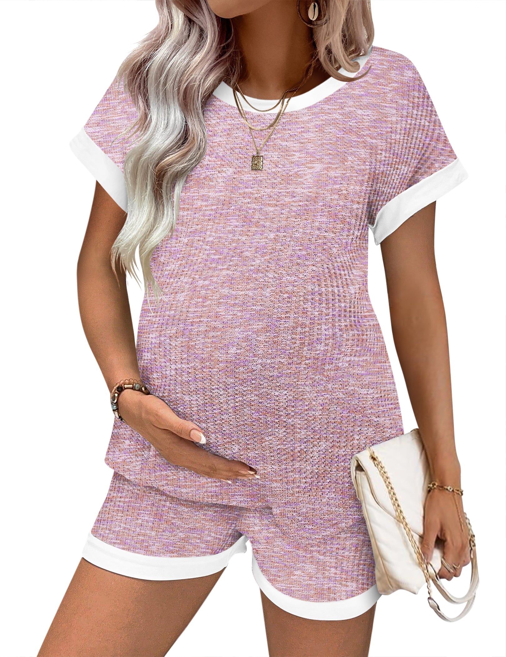 Maternity Pajamas Set Waffle Knit Short Sleeve Top & Shorts
