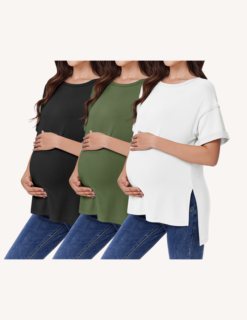 3-Pack Women's Maternity Shirts | Short Sleeve Oversized Pregnancy Tops with Side Split S-XXL