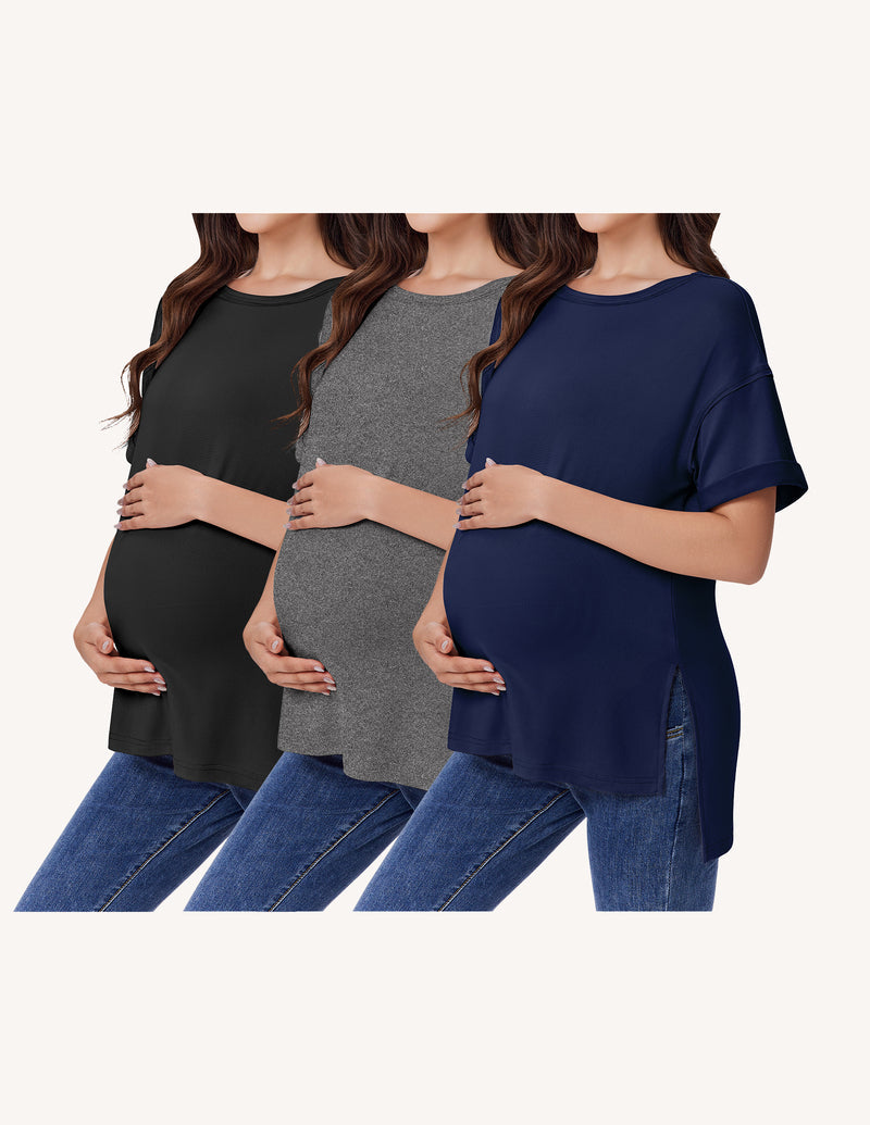 3-Pack Women's Maternity Shirts | Short Sleeve Oversized Pregnancy Tops with Side Split S-XXL