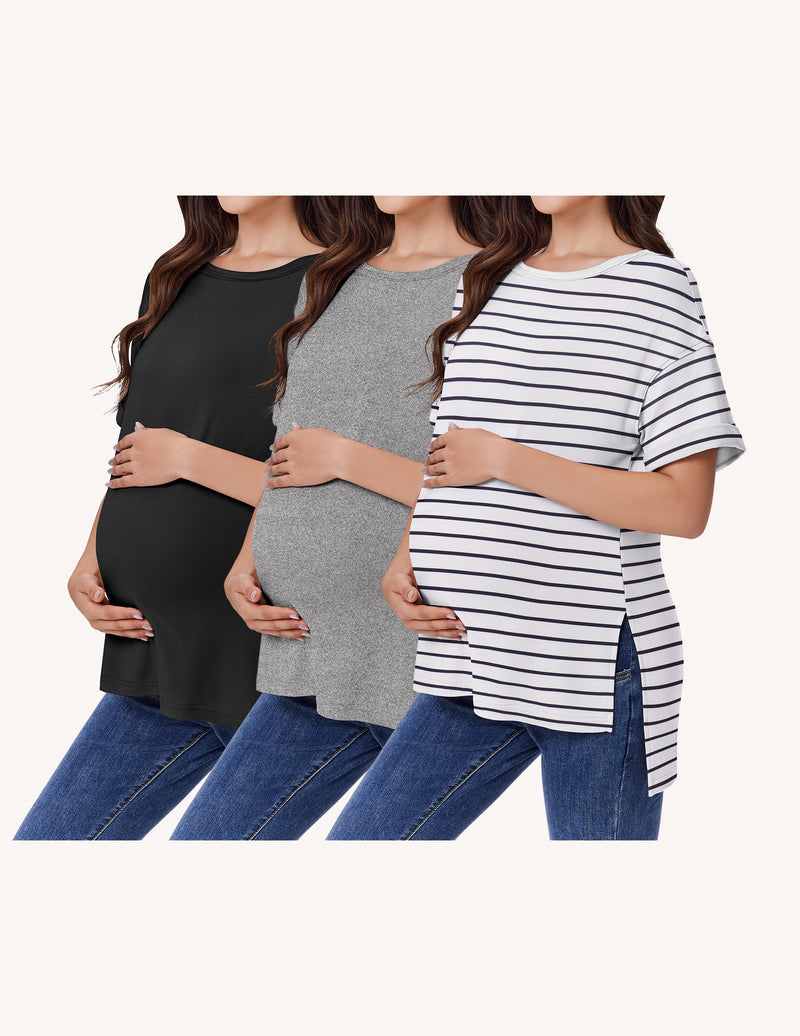 3-Pack Women's Maternity Shirts | Short Sleeve Oversized Pregnancy Tops with Side Split S-XXL