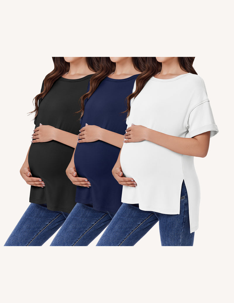 3-Pack Women's Maternity Shirts | Short Sleeve Oversized Pregnancy Tops with Side Split S-XXL
