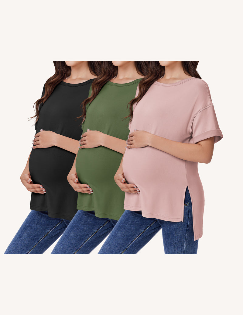 3-Pack Women's Maternity Shirts | Short Sleeve Oversized Pregnancy Tops with Side Split S-XXL