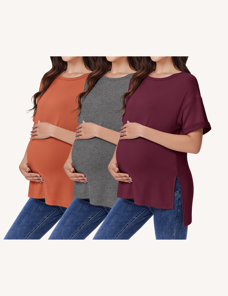 3-Pack Women's Maternity Shirts | Short Sleeve Oversized Pregnancy Tops with Side Split S-XXL