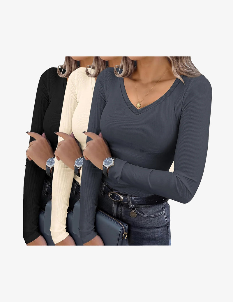 3 Pack Long Sleeve Shirts V Neck Ribbed Slim Fit Basic Tops
