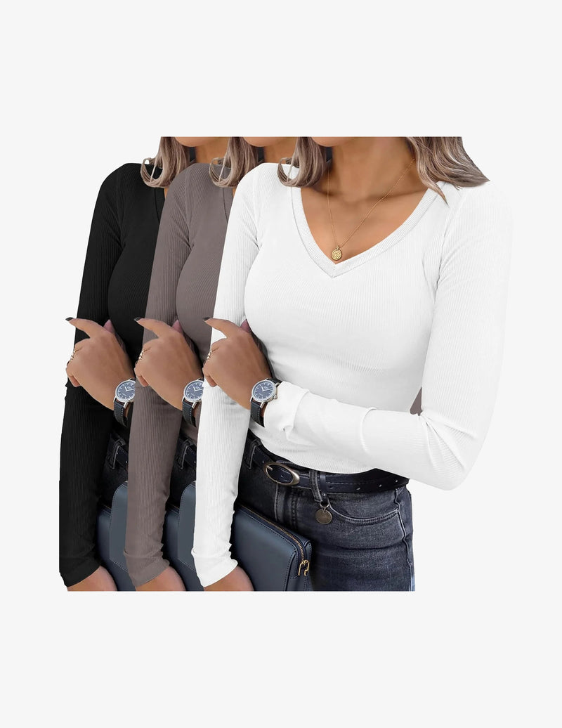3 Pack Long Sleeve Shirts V Neck Ribbed Slim Fit Basic Tops