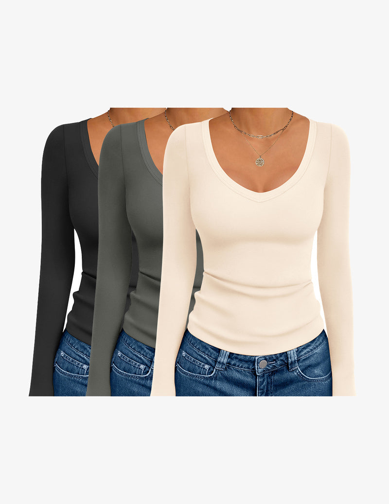 3 Pack Long Sleeve Shirts Deep V Neck Basic Thermal Tops