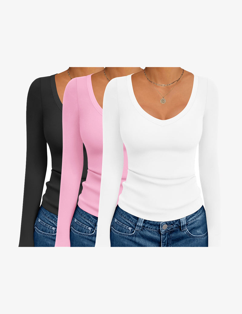 3 Pack Long Sleeve Shirts Deep V Neck Basic Thermal Tops