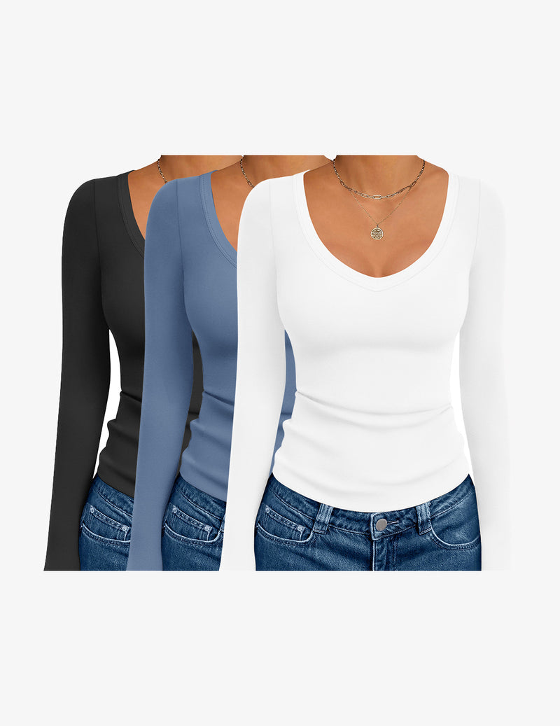 3 Pack Long Sleeve Shirts Deep V Neck Basic Thermal Tops