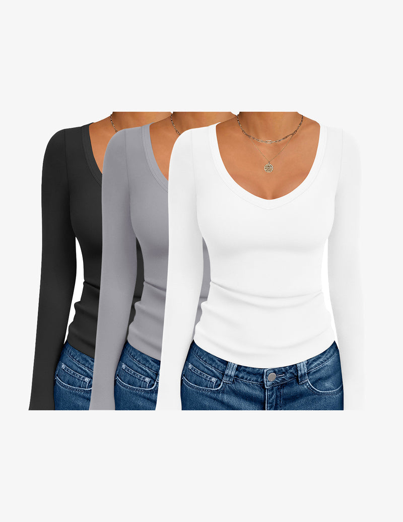 3 Pack Long Sleeve Shirts Deep V Neck Basic Thermal Tops