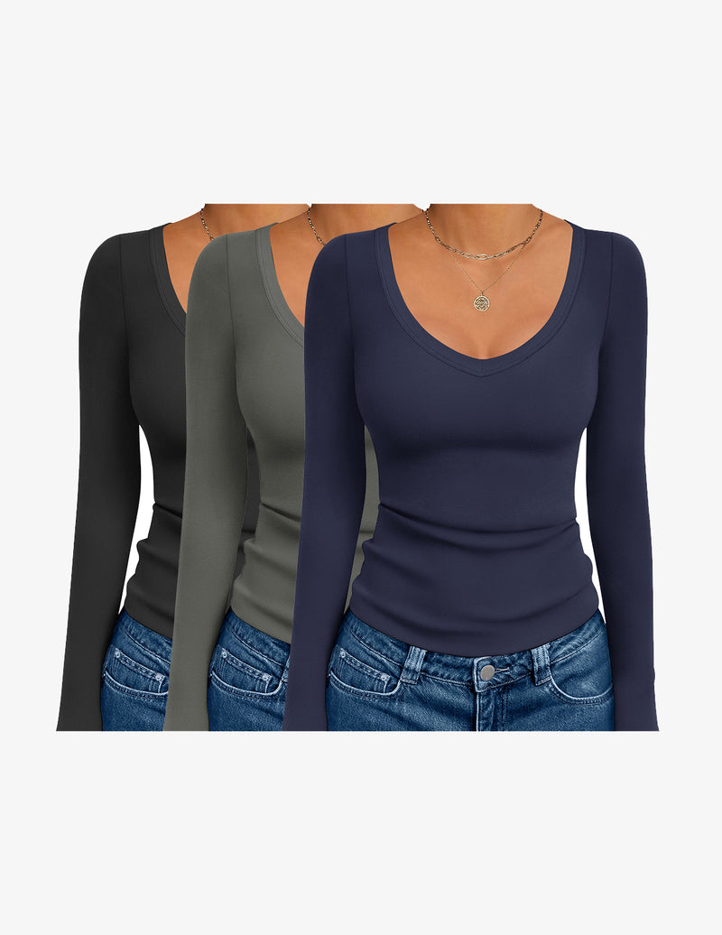 3 Pack Long Sleeve Shirts Deep V Neck Basic Thermal Tops