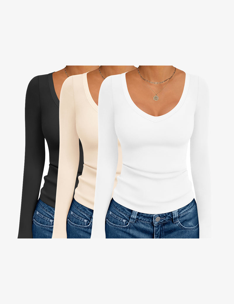3 Pack Long Sleeve Shirts Deep V Neck Basic Thermal Tops
