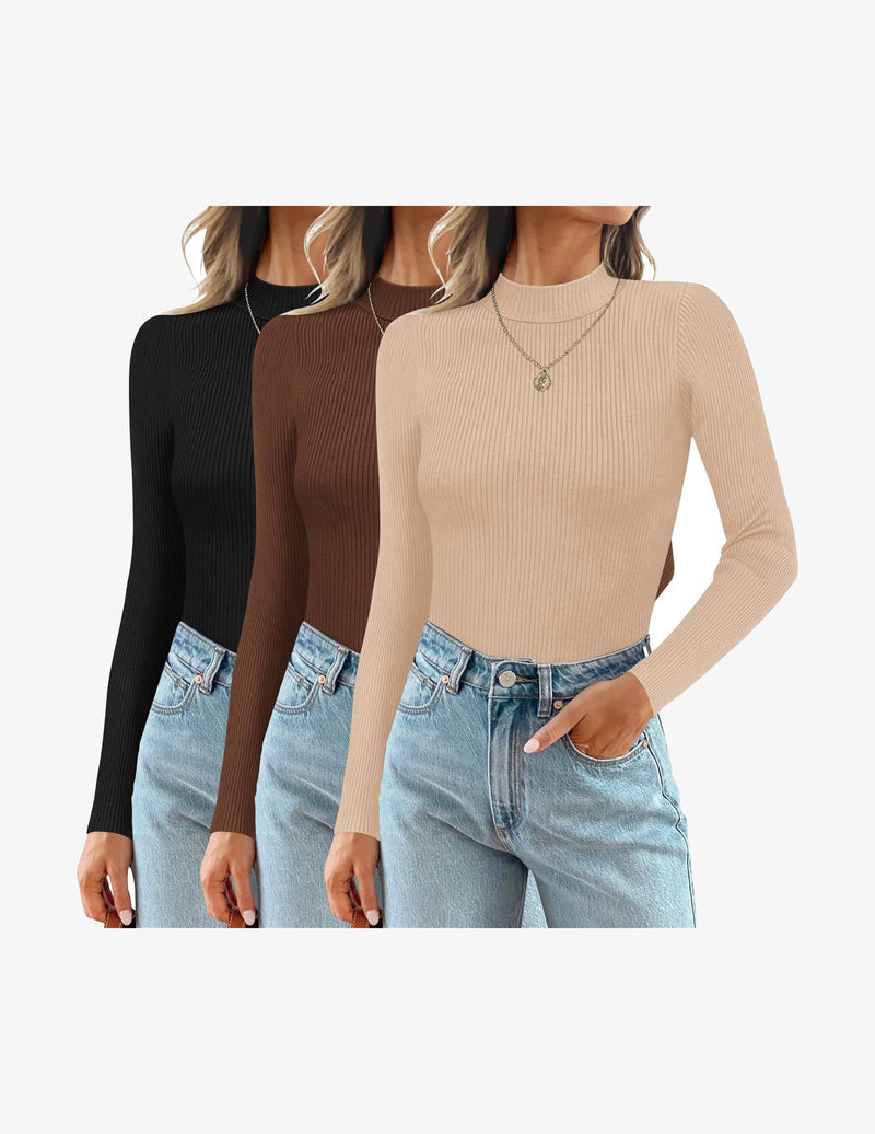 3 Pack Mock Turtlenecks Tops Long Sleeve Ribbed Shirts