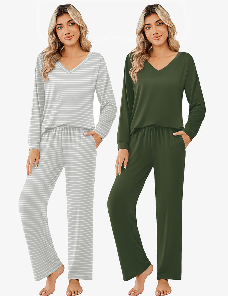 2 Pack Pajama Sets Long Sleeve Pajamas Top and Pants