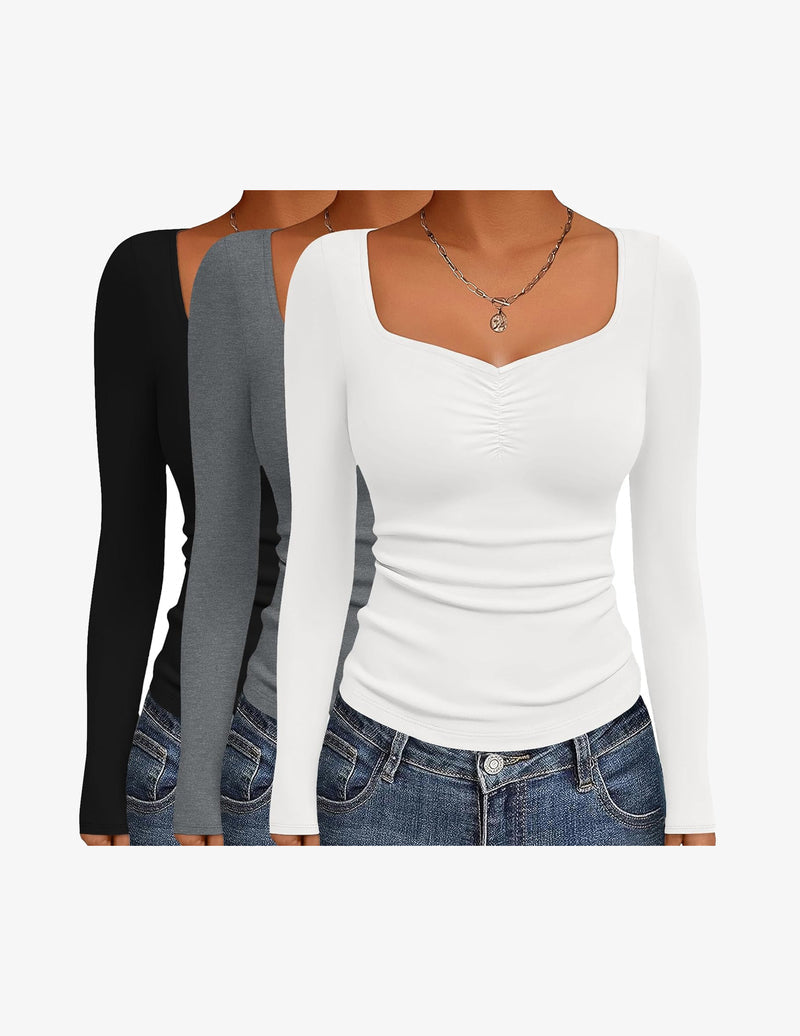 3 Packs Long Sleeve Tops Sweetheart Neck Fitted Shirts