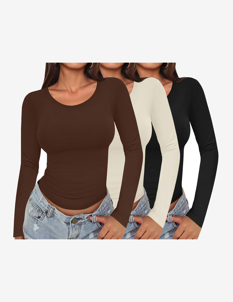 Long Sleeve Shirts 3 Pack Scoop Neck Fitted Tops