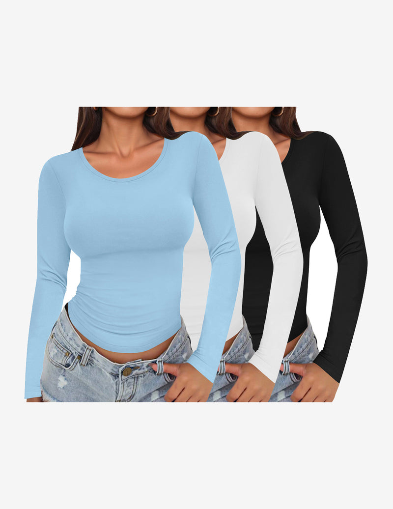Long Sleeve Shirts 3 Pack Scoop Neck Fitted Tops