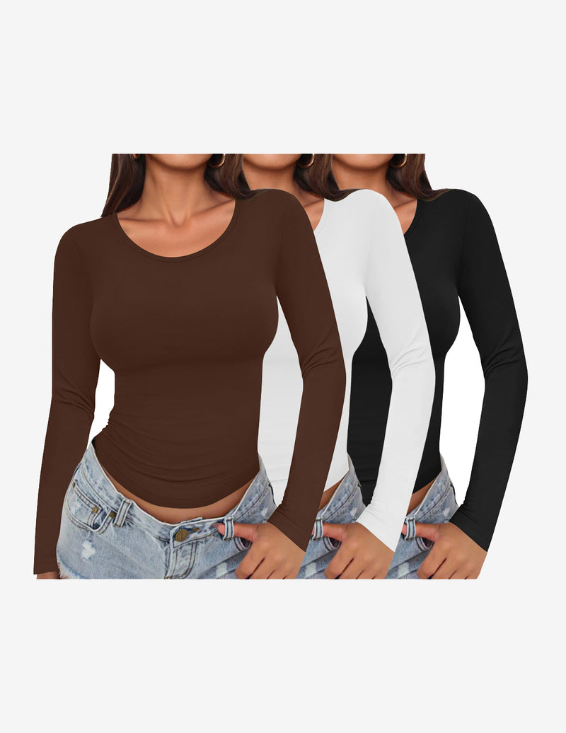 Long Sleeve Shirts 3 Pack Scoop Neck Fitted Tops