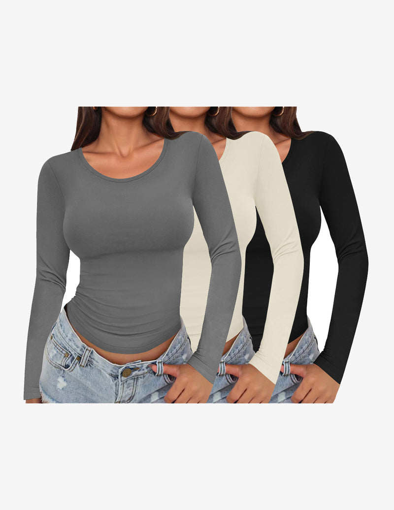 Long Sleeve Shirts 3 Pack Scoop Neck Fitted Tops
