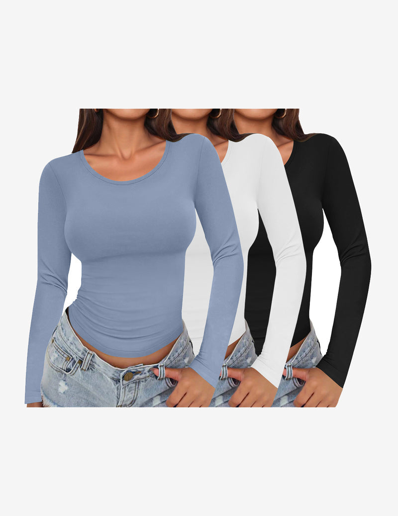 Long Sleeve Shirts 3 Pack Scoop Neck Fitted Tops