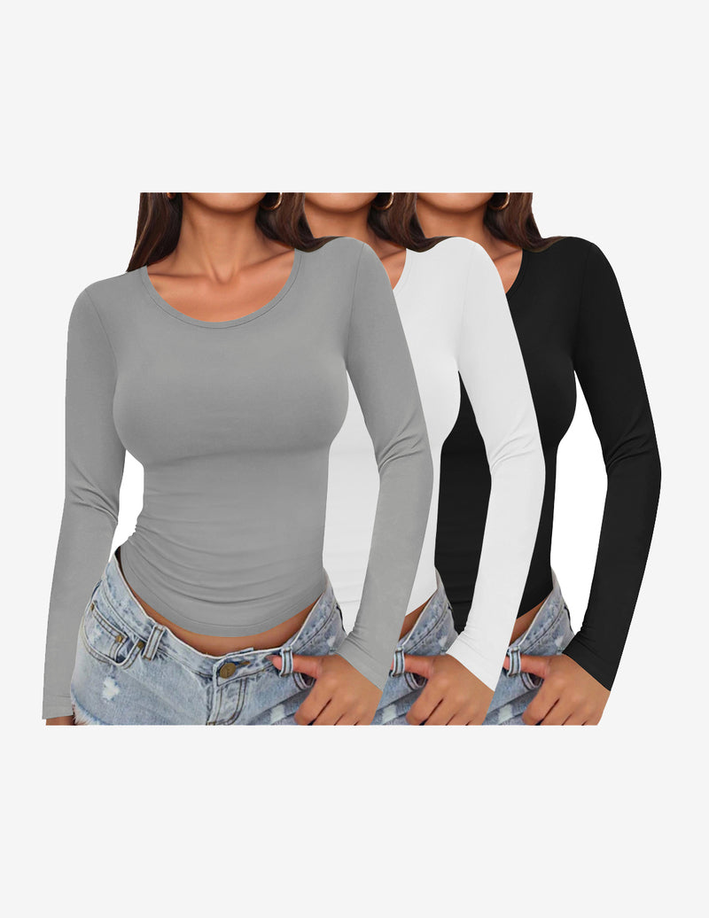 Long Sleeve Shirts 3 Pack Scoop Neck Fitted Tops
