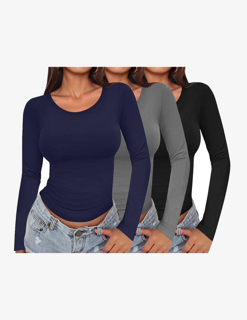 Long Sleeve Shirts 3 Pack Scoop Neck Fitted Tops