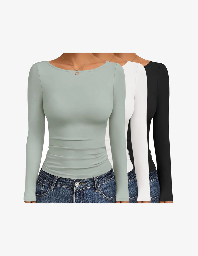 Boat Neck Tops 3 Packs Long Sleeve Shirts Ruched Outfits