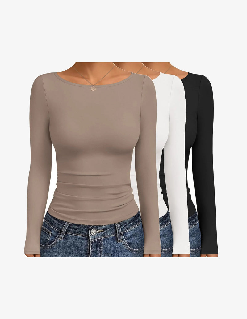 Boat Neck Tops 3 Packs Long Sleeve Shirts Ruched Outfits