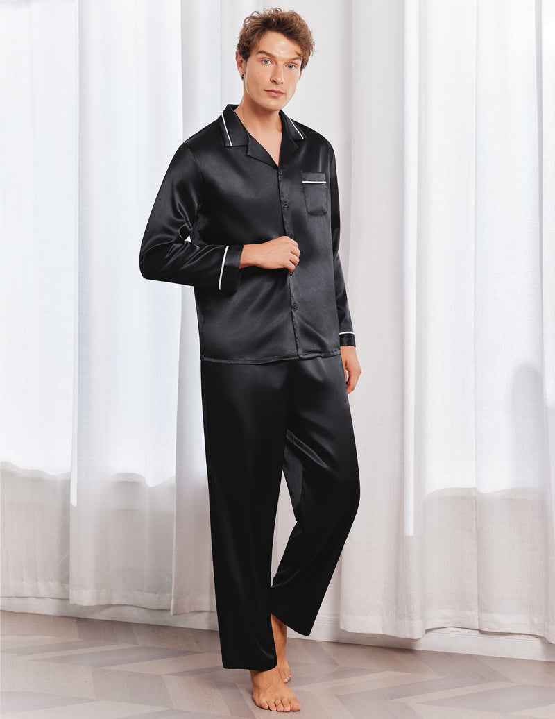 Mens Silk Satin Pajama Set 2 piece Long Sleeve Pj with Long Pants