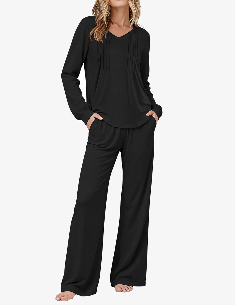 Long Sleeve Pleated V Neck Sleepwear with Pockets
