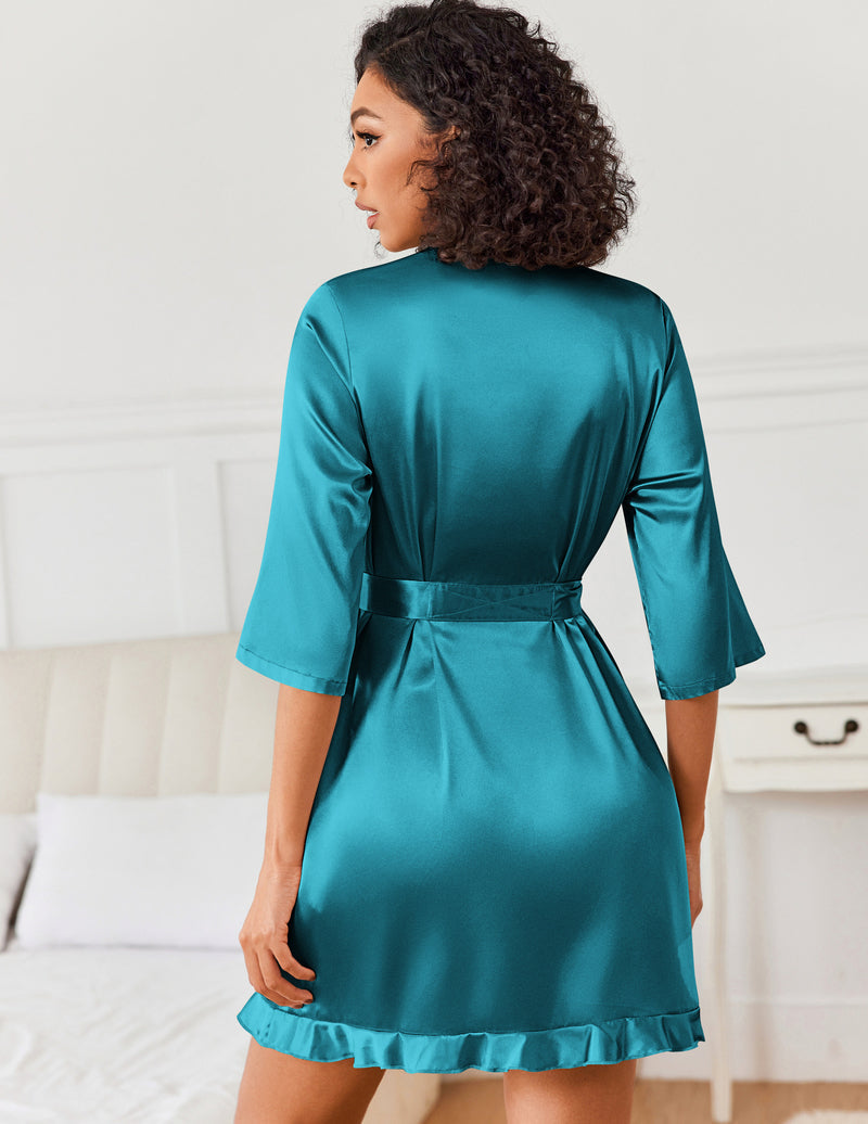 Satin Robes Silk Kimono Short Ruffled Hem Bride Robe