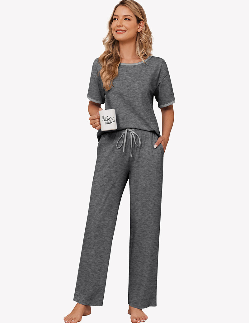 100% Cotton Pajama Set Short Sleeve Pj Top With Long Pants