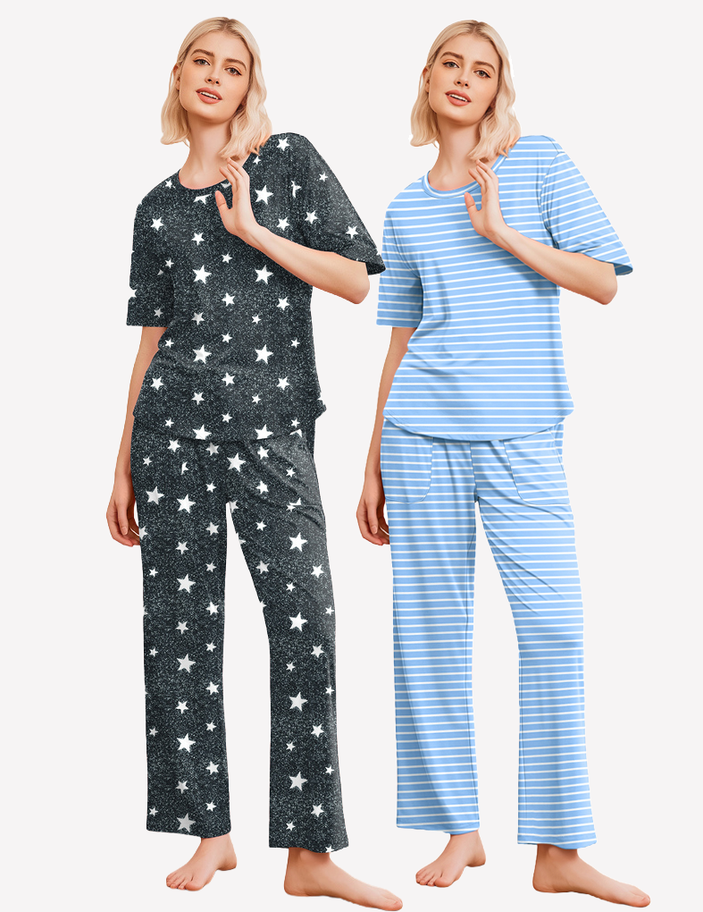 2 Pack Pajama Sets Short Sleeve Tops and Long Pants