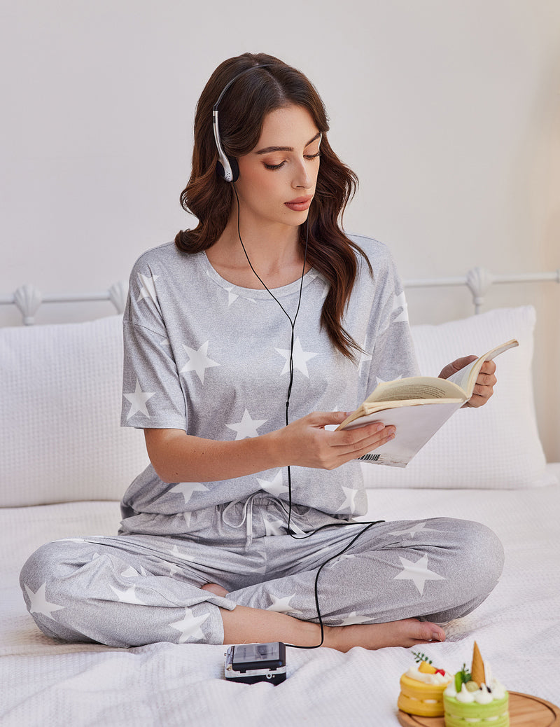 2 Pack Pajama Sets Short Sleeve Tops and Long Pants