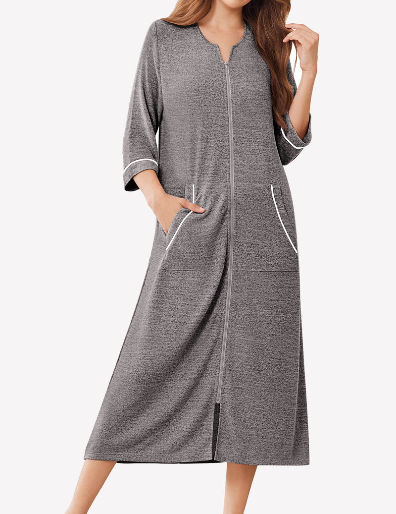 Zipper Robes 3/4 Sleeve Bathrobe Lightweight House Coats