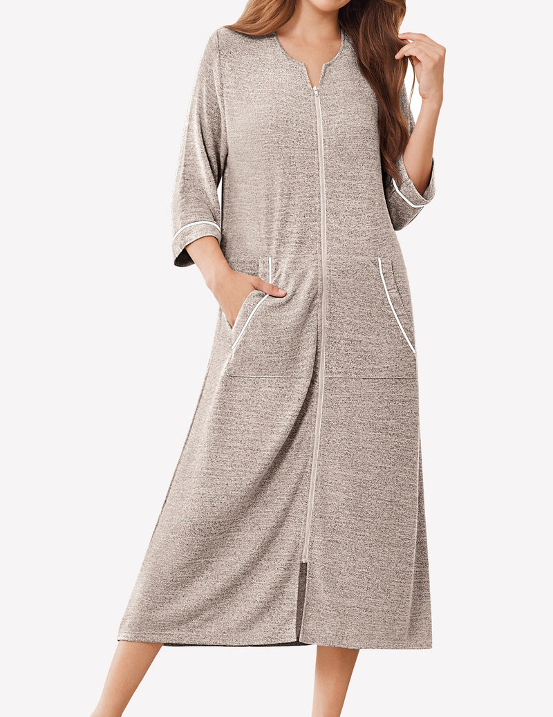 Zipper Robes 3/4 Sleeve Bathrobe Lightweight House Coats