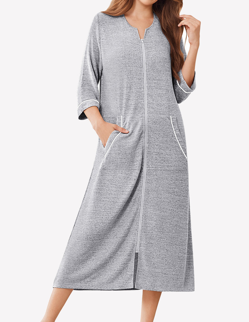 Zipper Robes 3/4 Sleeve Bathrobe Lightweight House Coats