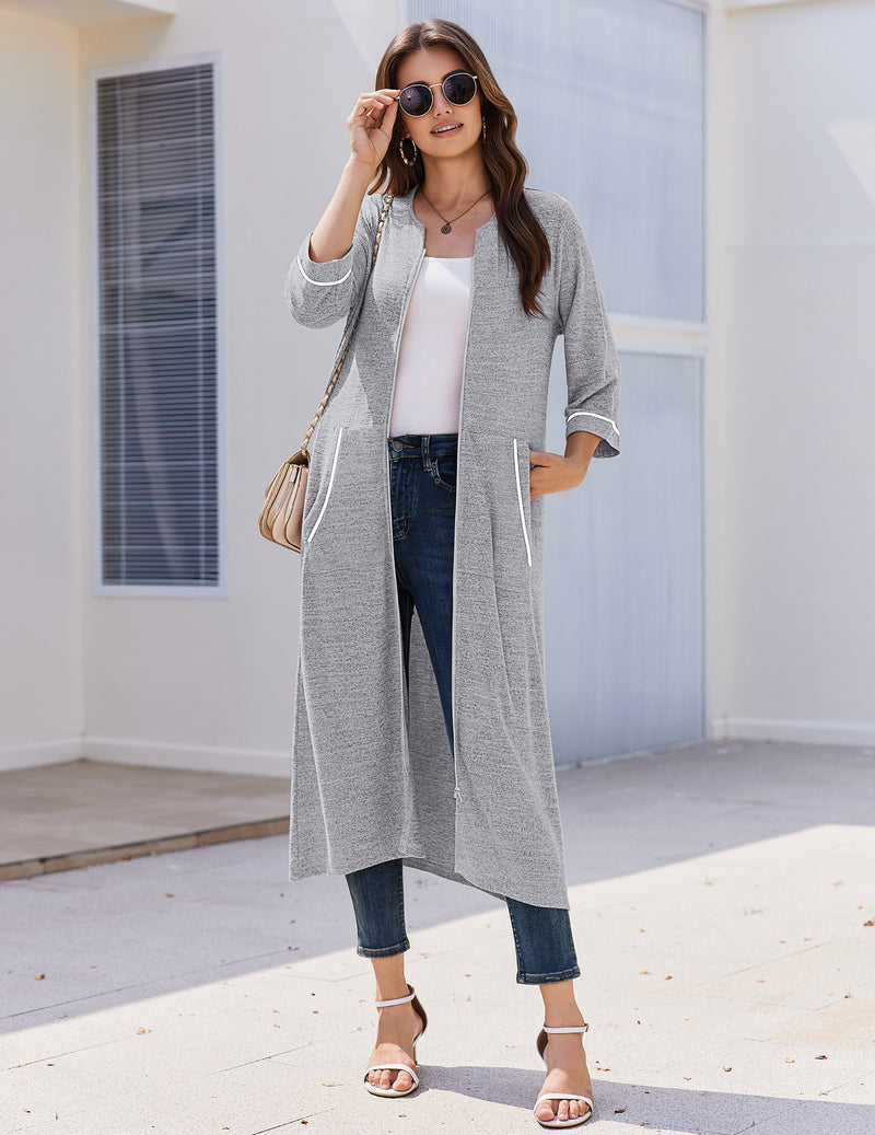 Zipper Robes 3/4 Sleeve Bathrobe Lightweight House Coats