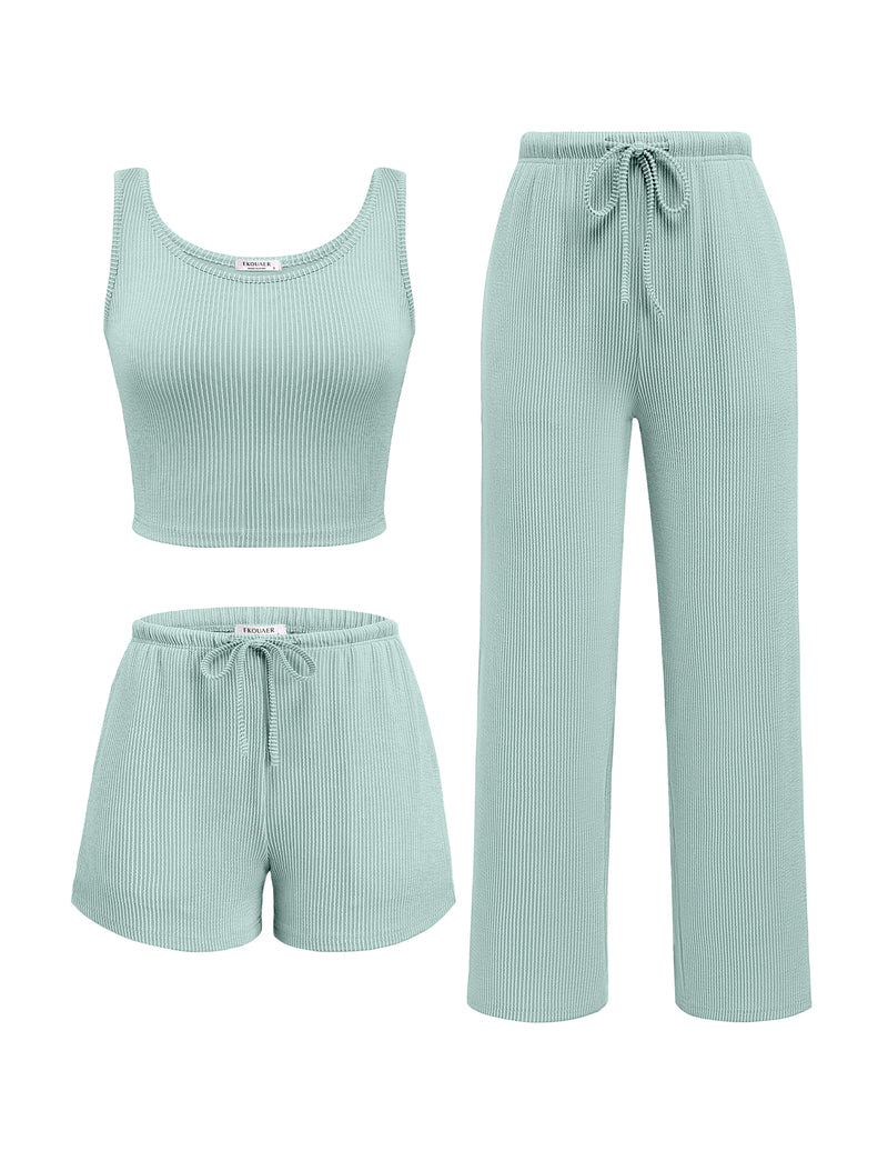 3 Piece Lounge Set Ribbed Soft Pajama Set