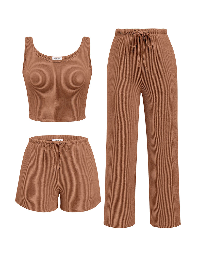 3 Piece Lounge Set Ribbed Soft Pajama Set