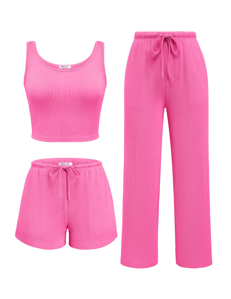 3 Piece Lounge Set Ribbed Soft Pajama Set