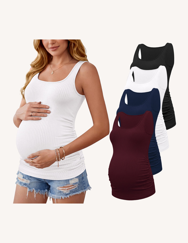 4-Pack Maternity Tank Tops | Ribbed Ruched Pregnancy Shirts