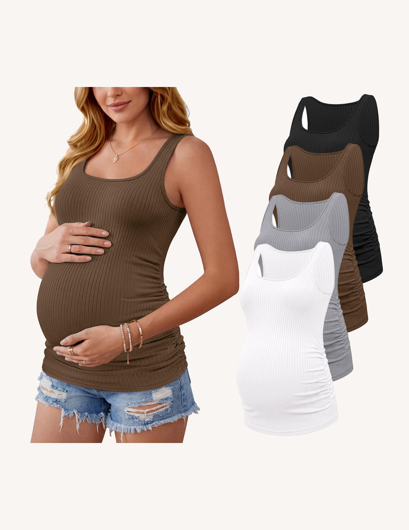 4-Pack Maternity Tank Tops | Ribbed Ruched Pregnancy Shirts
