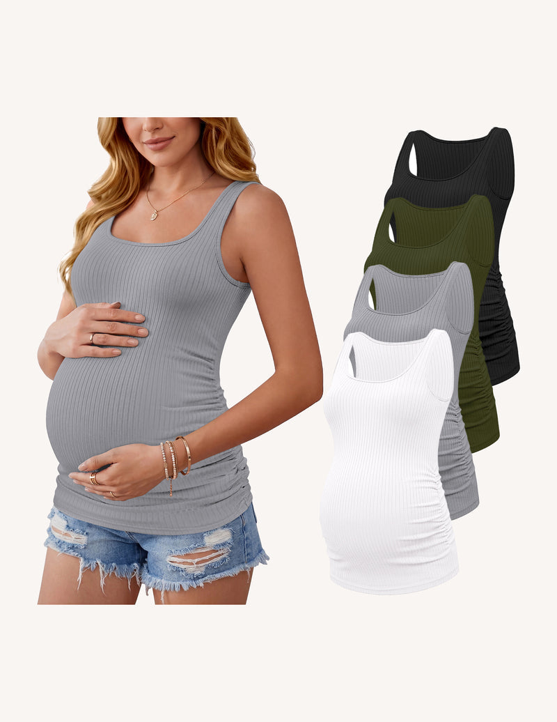 4-Pack Maternity Tank Tops | Ribbed Ruched Pregnancy Shirts