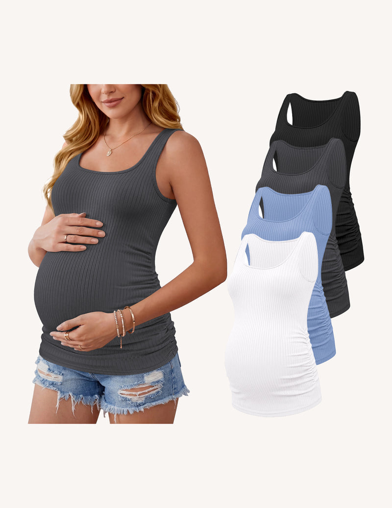 4-Pack Maternity Tank Tops | Ribbed Ruched Pregnancy Shirts