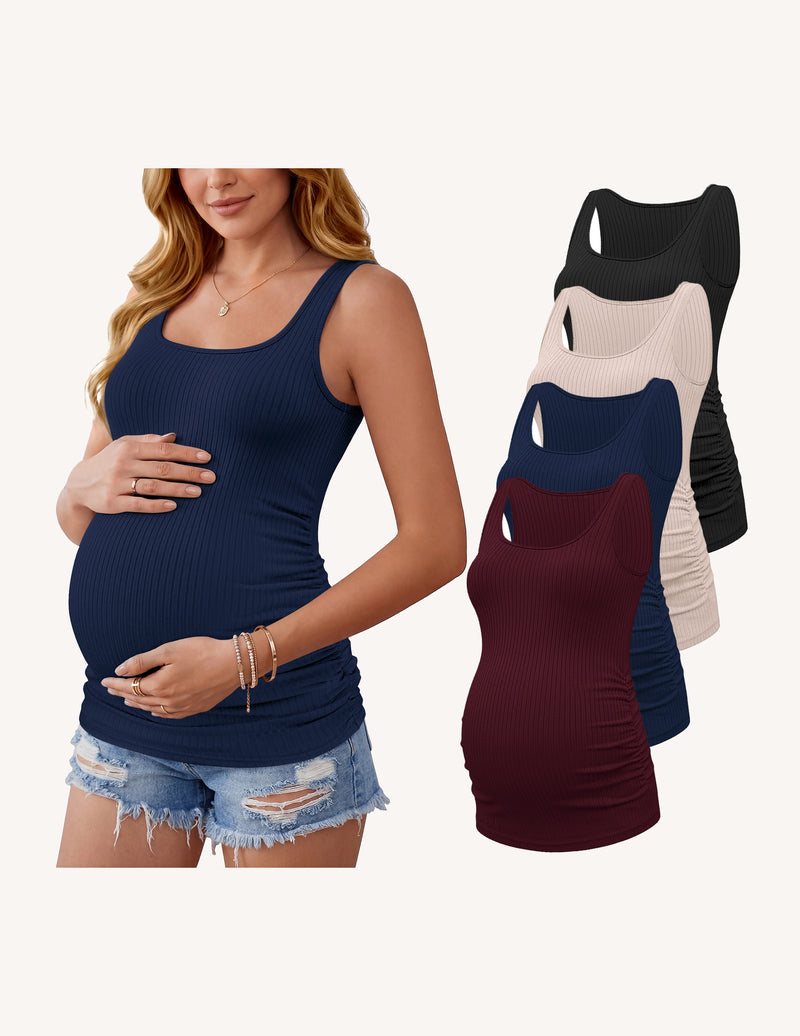 4-Pack Maternity Tank Tops | Ribbed Ruched Pregnancy Shirts