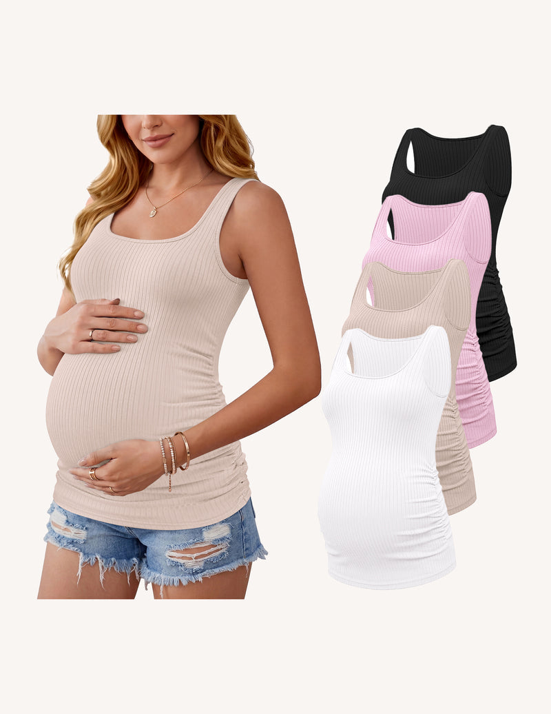 4-Pack Maternity Tank Tops | Ribbed Ruched Pregnancy Shirts