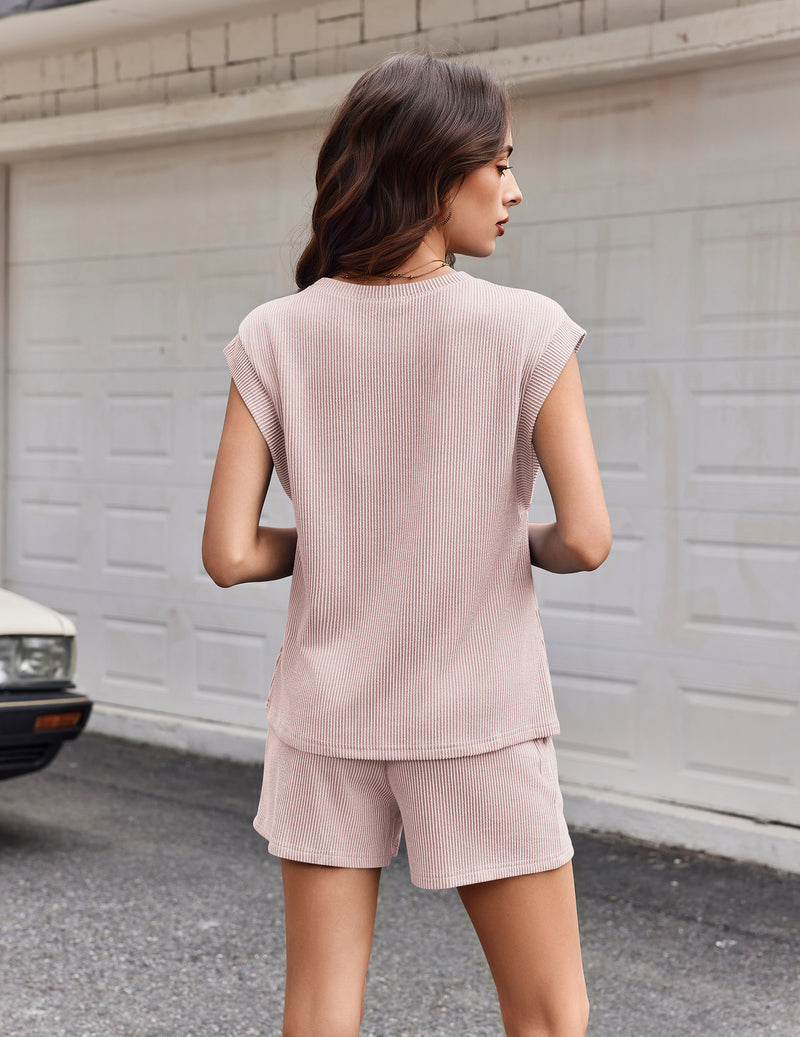 2 Piece Lounge Set Cap Sleeve Top & Shorts with Pockets